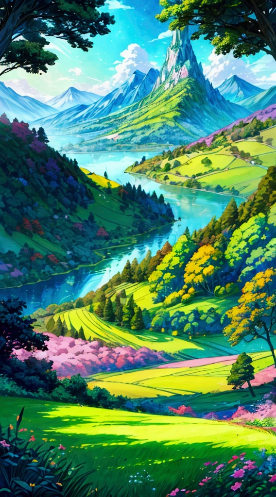 (masterpiece), anime style landscape, (colorful), vibrant colors, rolling hills, lush green forests, majestic mountains, serene lake, detailed foliage, dramatic lighting, fantasy atmosphere, cinematic composition, digital art, intricate details, highly detailed 