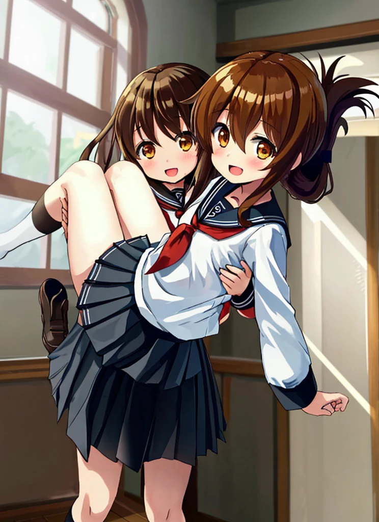 long hair, looking at viewer, blush, smile, open mouth, bangs, multiple girls, skirt, brown hair, shirt, long sleeves, 2girls, hair between eyes, brown eyes, , braid, :d, sidelocks, pleated skirt, shoes, serafuku, socks, indoors, black skirt, sailor collar, neckerchief, kneehighs, window, brown footwear, curtains, black socks, loafers, carrying, red neckerchief, black sailor collar, folded ponytail, wooden floor, princess carry, inazuma \(kancolle\)