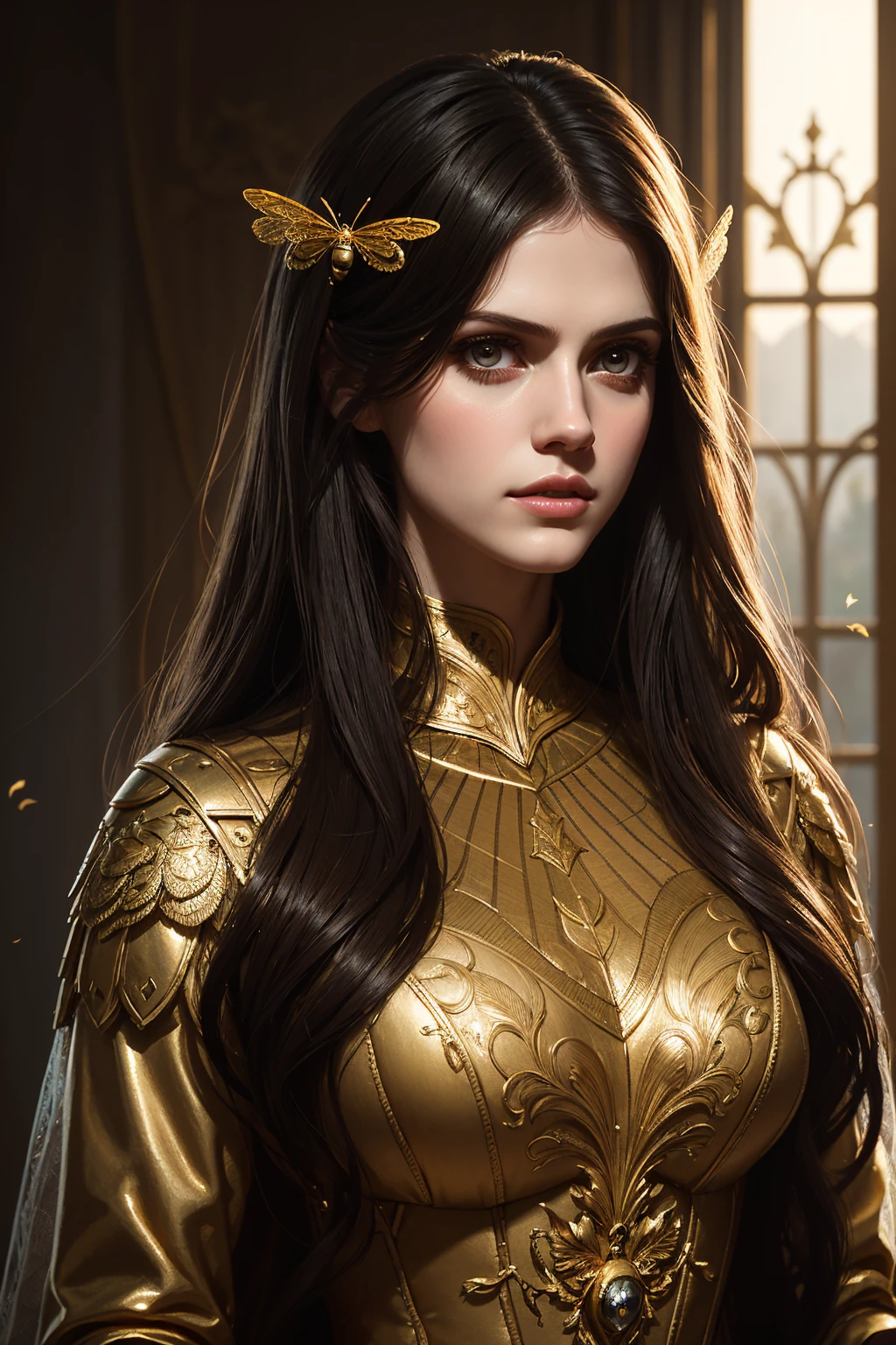 36k, portrait Alexandra Daddario, wearing breasts bee costume, against the background of Versailles, character portrait, 8 9 9 0 s, long hair, intricate, elegant, highly detailed, digital painting, artstation, concept art, smooth, sharp focus, illustration, art by wlop, charlie bowater and alexandra fomina
