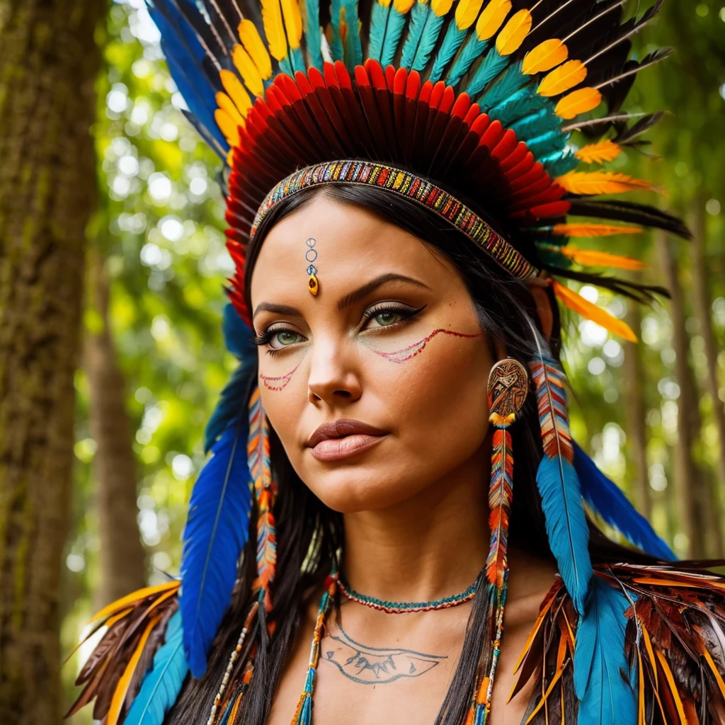 Woman in a feather headdress with feathers on her head,(((rosto pintado))), Retrato da princesa asteca, usando coroa de penas brilhantes, com penas, beautiful young female shaman,rosto pintado,Strobe, she is dressed in shaman clothes,sombra, cocar emplumado,(Auroracore : 1,5),auto contrast, tatuagem do esterno, cocar ornamentado, a young female shaman, Angelina Jolie UHD, cocar, : native american shamen fantasy, cocar centralizado,rosto pintado,Strobe,Auroracore, Bobina de Tesla.