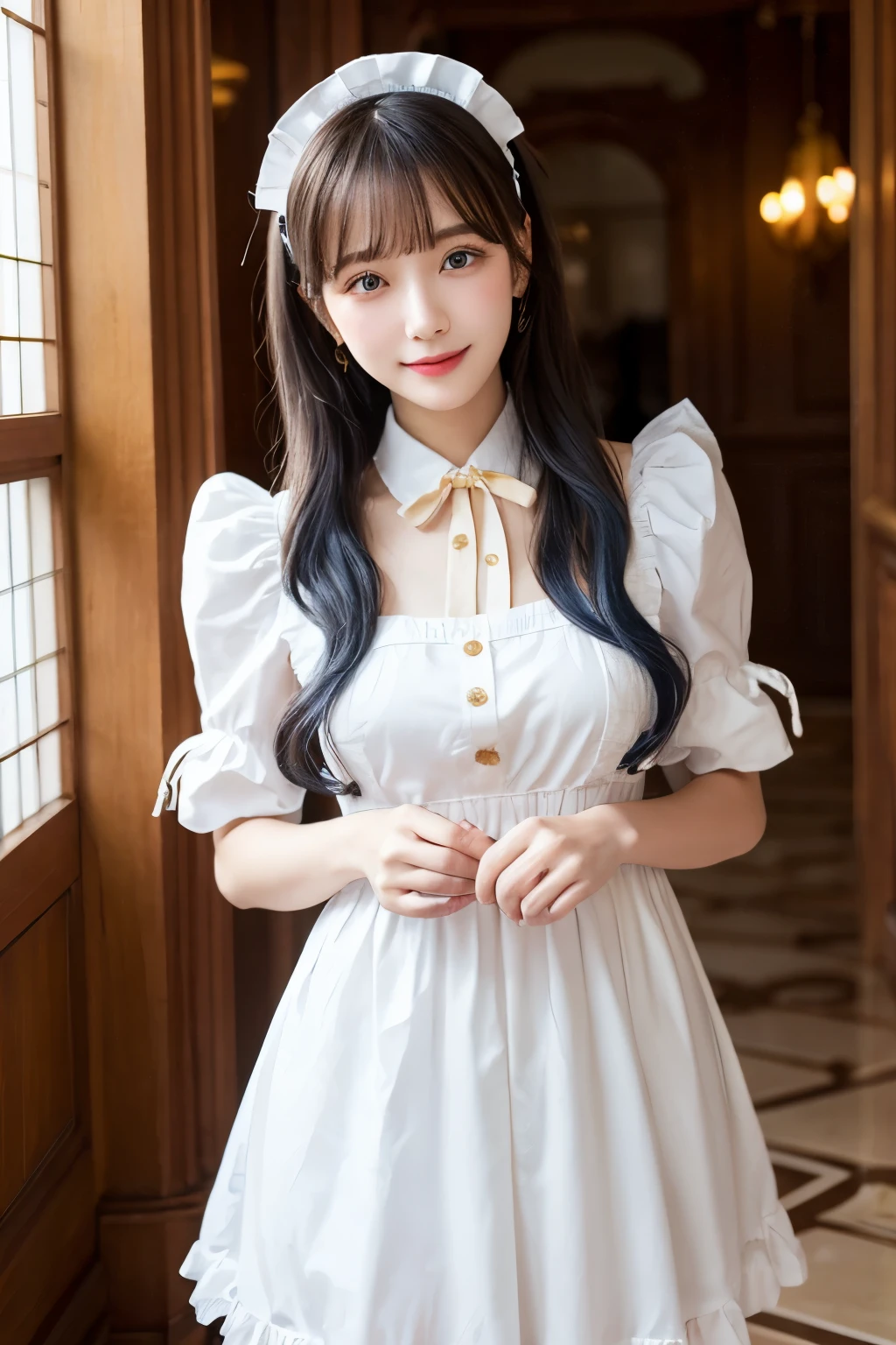 Detailed image of a young female character standing in a grand hall lined with marble columns。She has short, wavy blue hair、Has side fringe、Adorned with a white frilly headband and blue ribbon。Big blue eyes are kind、He has a slightly sad expression、There is a slight redness on the cheeks。She is wearing a classic maid outfit.、In a black puff sleeve dress、White apron with lace trim、And a blue ribbon on the neckline.。The apron has gold teardrop decorations.、It is secured by a thin gold chain。She is holding the skirt of her dress with one hand、It is lifted a little、Her other hand is delicately placed to touch the ribbon on her chest.。In the background there is a blurred white decorative building.、The soft, indirect lighting creates a calm and elegant atmosphere.。smile、Large Breasts、