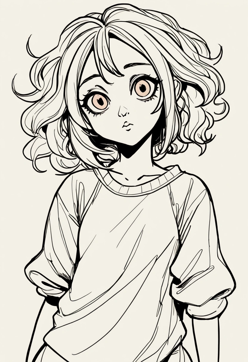 (((American comic style,Exaggerated digital character sketches:1.37,Exaggerated body proportions))).(1 Girl,Solitary,big eyes,Pointed nose,(Exaggerated expression,Exaggerated hairstyle),Messy hair),(Black sketch lines,Loose brushstrokes create the outline,Cartoon Style. Bright colors and simplified lines, sketch)。(Exaggerated body movements:1.37),(Large area of blank)