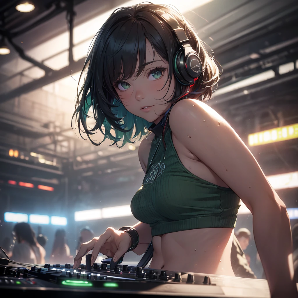 masterpieces,best quality,(ultra_detailed),3D,(realistic:1.9),(photorealistic:1.9),(green|red|blue)spot light,lens flare,shallow depth of field,sensual female DJ,(shot from the side),(scattering sweat), in nightclub,at DJ booth,DJ performance,plump,wavy short hair,built bangs,drooping eyes,wide-set eyes,lovely round eyes,looking away,round face,hip-hop fashion,headphone
