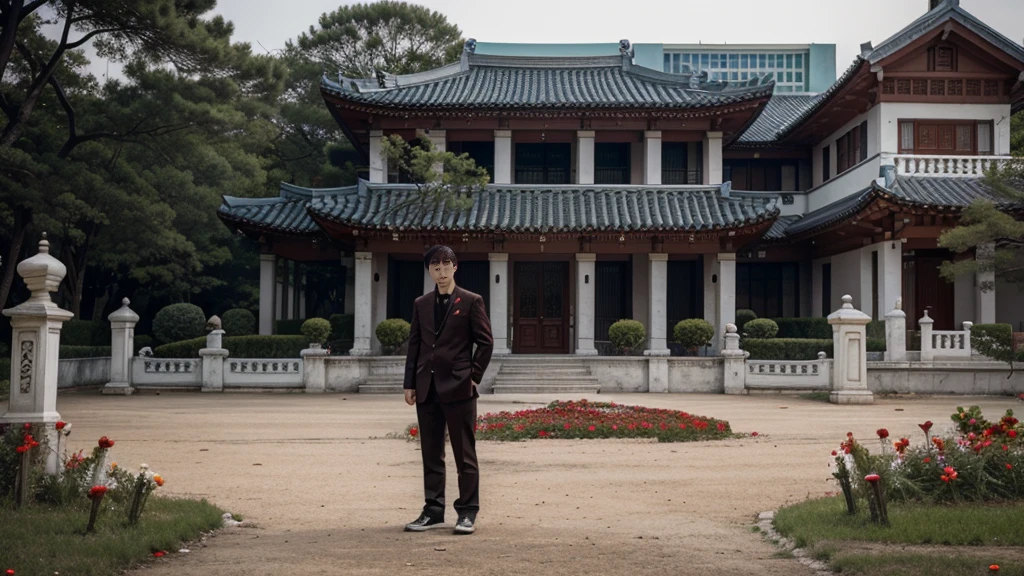 a man korean in front of a mansion full of blood. There are flowers and money around her.