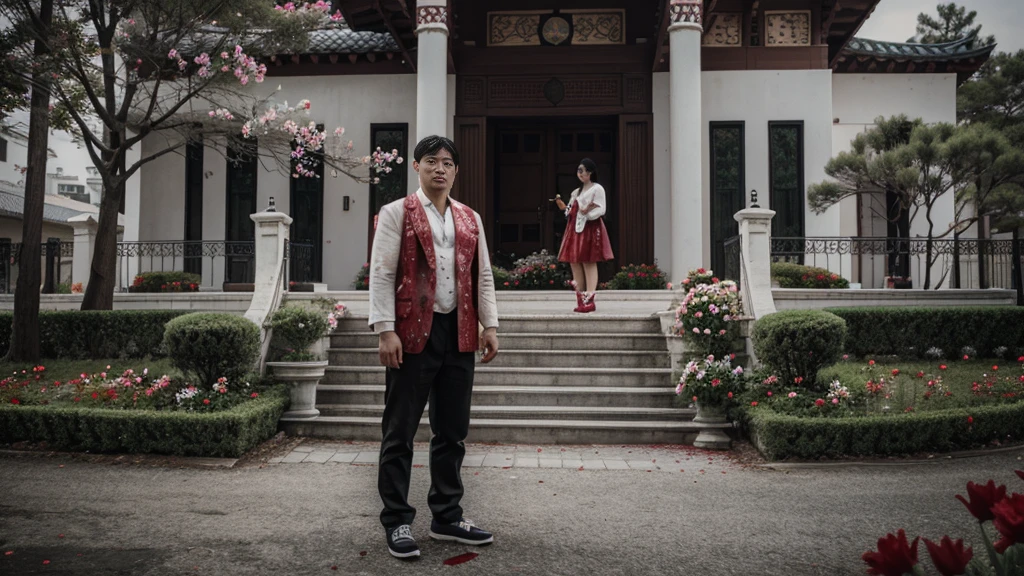 a man korean in front of a mansion full of blood. There are flowers and money around her.