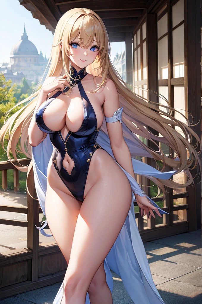 people、woman、blue eyes、Blonde Hair、smile、A sexy costume made of semi-transparent vinyl、Full body image、Very large breasts、Standing pose、 BREAK 背景はファンタジー都市 ,outdoor , BREAK looking at viewer, BREAK (masterpiece:1.2), Highest quality, High resolution, Unity 8k wallpaper, (figure:0.8), (Beautiful attention to detail:1.6), Highly detailed face, Perfect lighting, Highly detailed CG, (Perfect hands, Perfect Anatomy), information