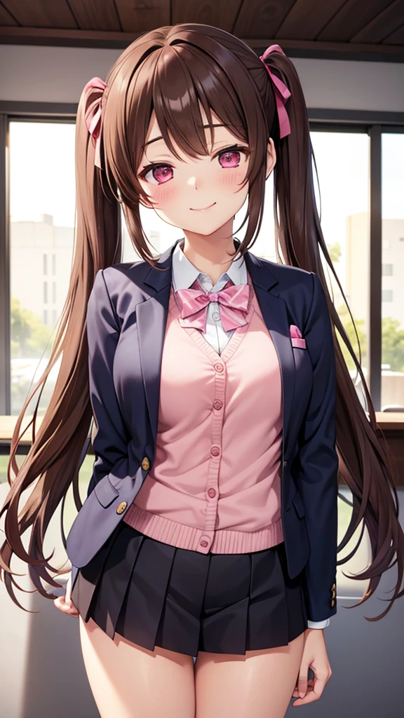 twintails, brown hair, pink eyes, blazer, standing, Closed-Eyes Smile, Fair skin, looking at viewer, --niji 5 --ar 2:3 --s 1000