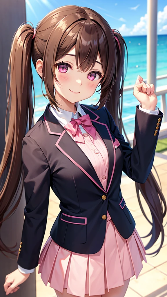twintails, brown hair, pink eyes, blazer, standing, Closed-Eyes Smile, Fair skin, looking at viewer, --niji 5 --ar 2:3 --s 1000