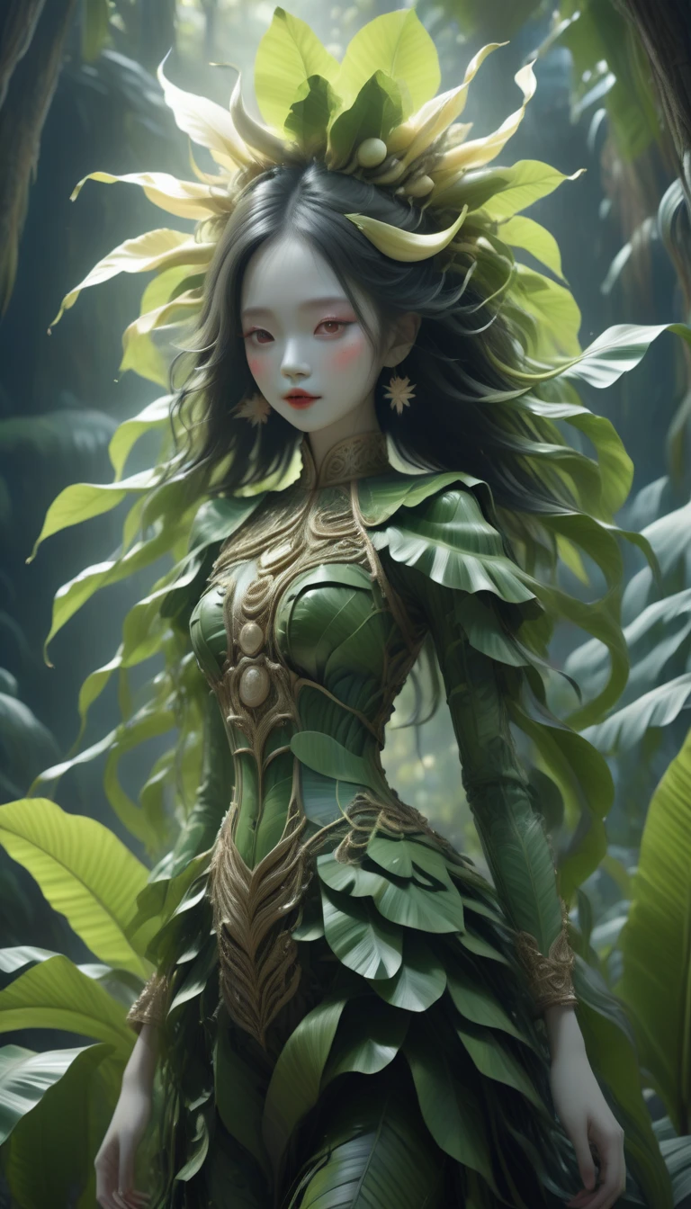 bailong banana tree girl, (a girl made of fresh banana leaves), forest, banana comb, beautiful psychedelic psychedelic white complex detailed elaborate,cute face,long hair,8k,ultra-fine knots,antlers,