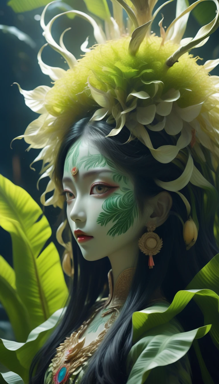 bailong banana tree girl, (a girl made of fresh banana leaves), forest, banana comb, beautiful psychedelic psychedelic white complex detailed elaborate,cute face,long hair,8k,ultra-fine knots,antlers,