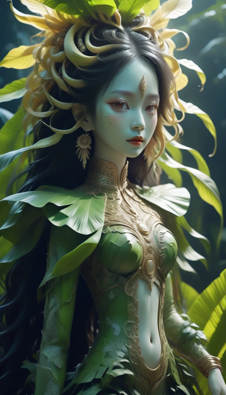 bailong banana tree girl, (a girl made of fresh banana leaves), forest, banana comb, beautiful psychedelic psychedelic white complex detailed elaborate,cute face,long hair,8k,ultra-fine knots,antlers,
