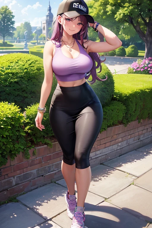 ((masterpiece, best quality, ultra-detailed)), 1girl, beautiful confident woman walking through a garden, smiling, pink tank top, midriff, bracelet, necklace, long black pencil skirt, white sneakers, black socks, wearing headphones and brim cap, full body, wavy purple hair