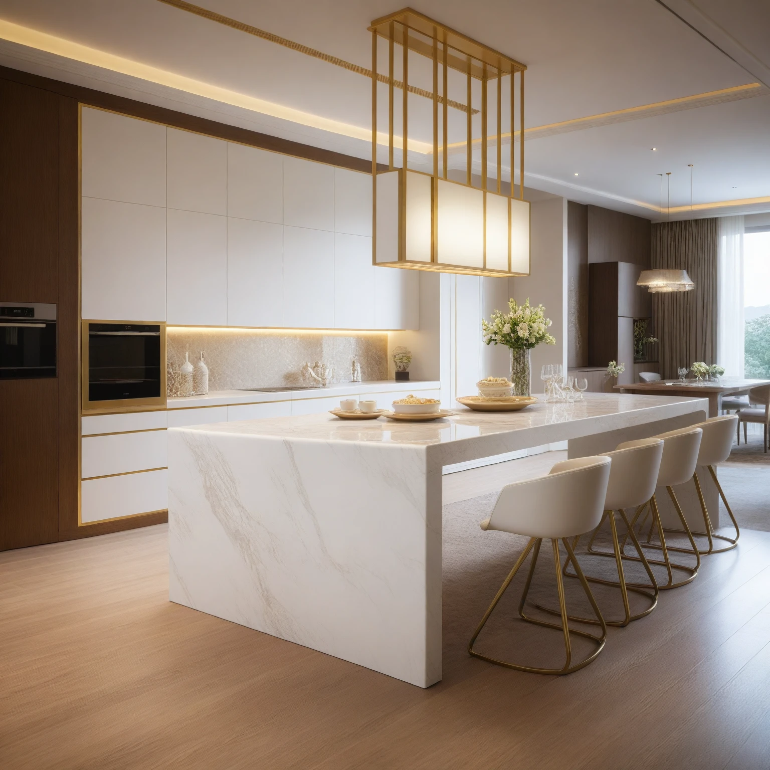 ,Masterpiece, Best quality,8K, Ultra-high resolution,When you step into the (( DINNING room AND KITCHEN)) ,Immediately surrounded by a rich atmosphere of luxury. The space was covered with a soft white fluffy blanket,It is so comfortable,So much so that you can't help but indulge in it。Embellished with precious porcelain and white-off gold ornaments。Whenever it is late afternoon,The afterglow from the window spilled on the floor,Soft light and shadow are reflected,It was as if entering a dreamland. ((Wooden chair and table : 1.3)), ((COLUMN MIRROR : 1.3))