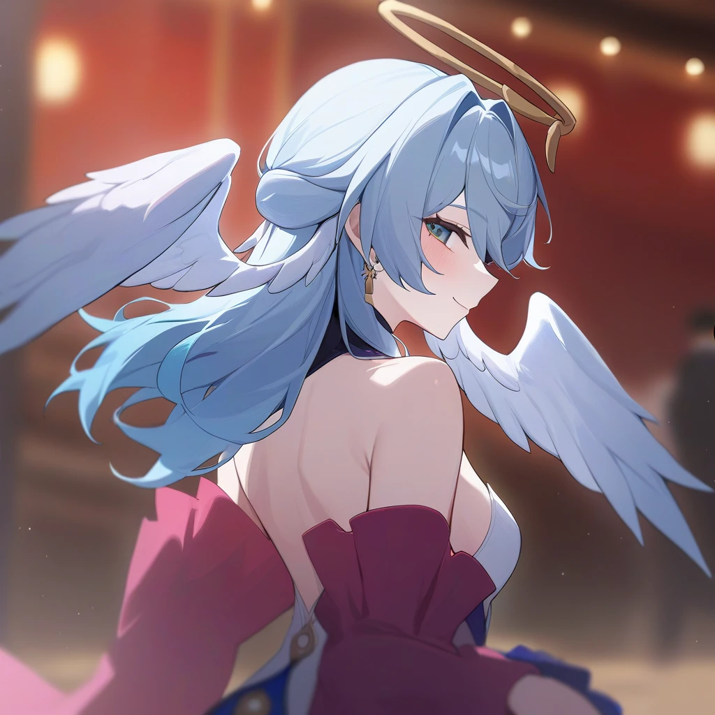 masterpiece,best quality,robin_(honkai:_star_rail), head_wings, angel, virtual_youtuber, 1girl, white_wings, looking_at_viewer, halo, wings, upper_body, solo, from_side, blurry_background, closed_mouth, dress, bare_shoulders, smile,얼굴이 빨개지는 , 한쪽 다리를 위로,다리 잡고