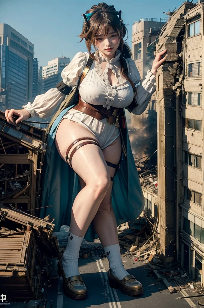 Full body description、Fisheye Lens、looking at the camera、steampunk、Standing on top of a ruined building、Big building explosion、The building collapses、Urban hustle and bustle、Traffic jam、City of Rubble、street tree、Car and bus、truck、taxi、City boulevard、Pedestrian bridge、Streetcar route、((((Azur Lane Cheshire Cosplay))))、Frilled maid outfit、((Super huge breasts))、((Plump thighs))、Ground View,City of Giants,500 foot tall giant girl,skyscraper,Has super long legs,Step into the crowd,There are many people on the street,Knee-high socks、loafers,A happy look,Standing on the ruins,Beautiful appearance,Exquisite makeup,quality,8k,高quality,Perfect Proportions, Cinema Lighting,Film Grain,The Colors of Fuji,8k,Textured skin,Super Detail,High detail,high quality,High resolution,explode,False Smile、Reaching out