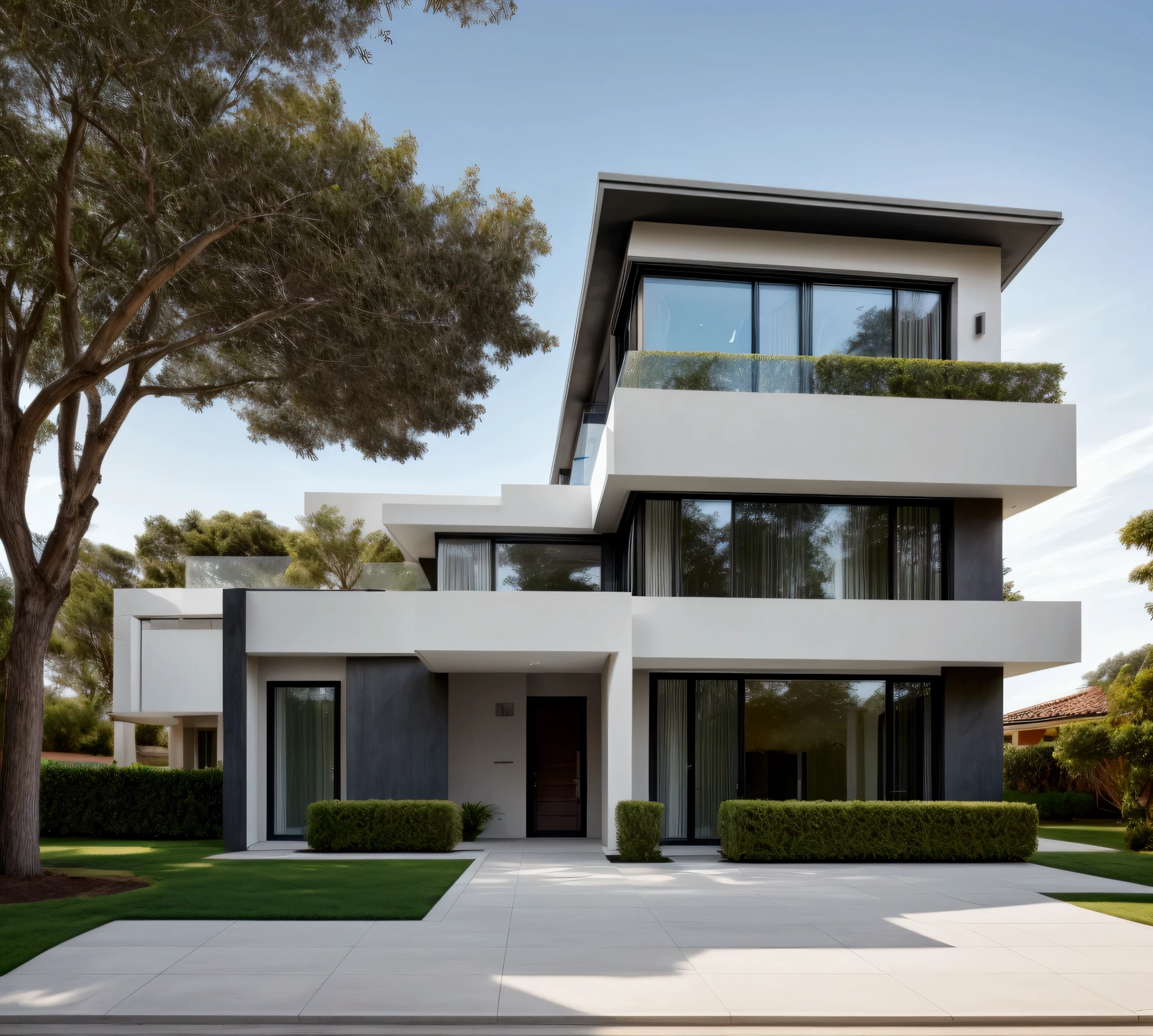 CRU photo,work of art, high qualiy, best qualityer, authentic, super detaill, plein-air, (((front-facing))), villa seen from the front, vista front-facing, single storey villaXL, aiai group, modern house style on the street, front house, visão front-facing, entrada com gramdo, elegant and minimalist facade, pavement, gram, Trees, sky, nube, (Day Light:1.1)