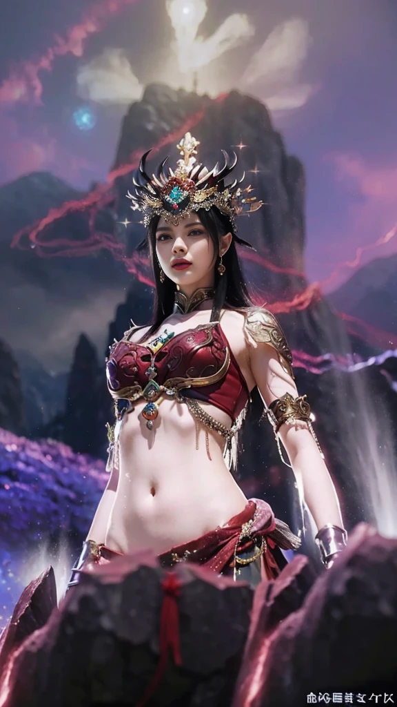 An Allad woman in costume stands on a rock with a sword, a beautiful fantasy empress, cinematic goddess close shot, cinematic goddess body shot, full-body xianxia, ne zha from smite, unreal engine rendered + A goddess, cinematic goddess shot, Fantasy Woman, hyper-detailed fantasy character, extremely detailed goddess shot, ((a beautiful fantasy empress))