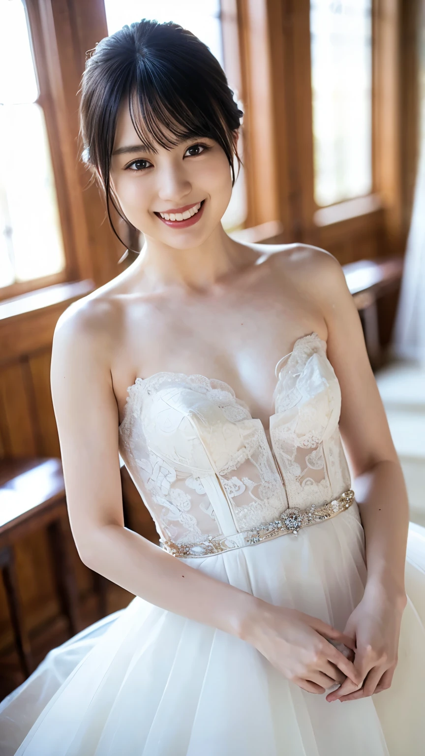 (8k、RAW Photos、Highest quality、masterpiece:1.2)、(Realistic、Realistic)、1 girl、((Wedding dress、Chapel、Short Bob、View from the front、smile、Look at the camera and smile、stand))、cute、Small breasts