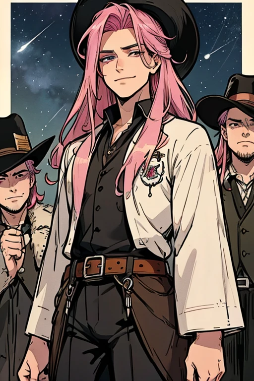 Perfect face. Perfect hands. A handsome pink haired cowboy with violet eyes and long hair in a sheriff's outfit is watching the stars in a wild west town with a big smile