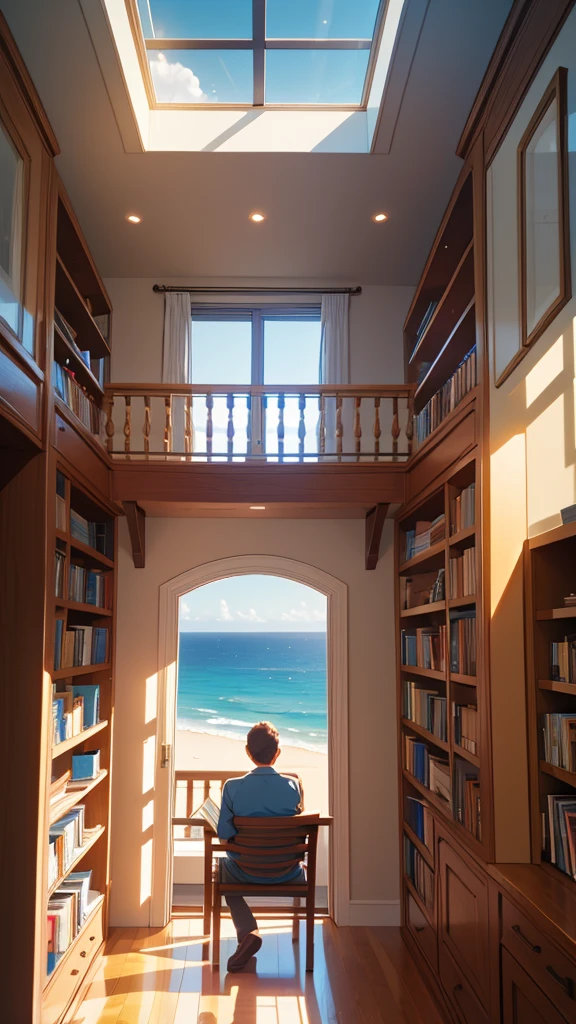 Man, reading a book, bookshelves, window overlooking the sea view, high detail, accuracy 