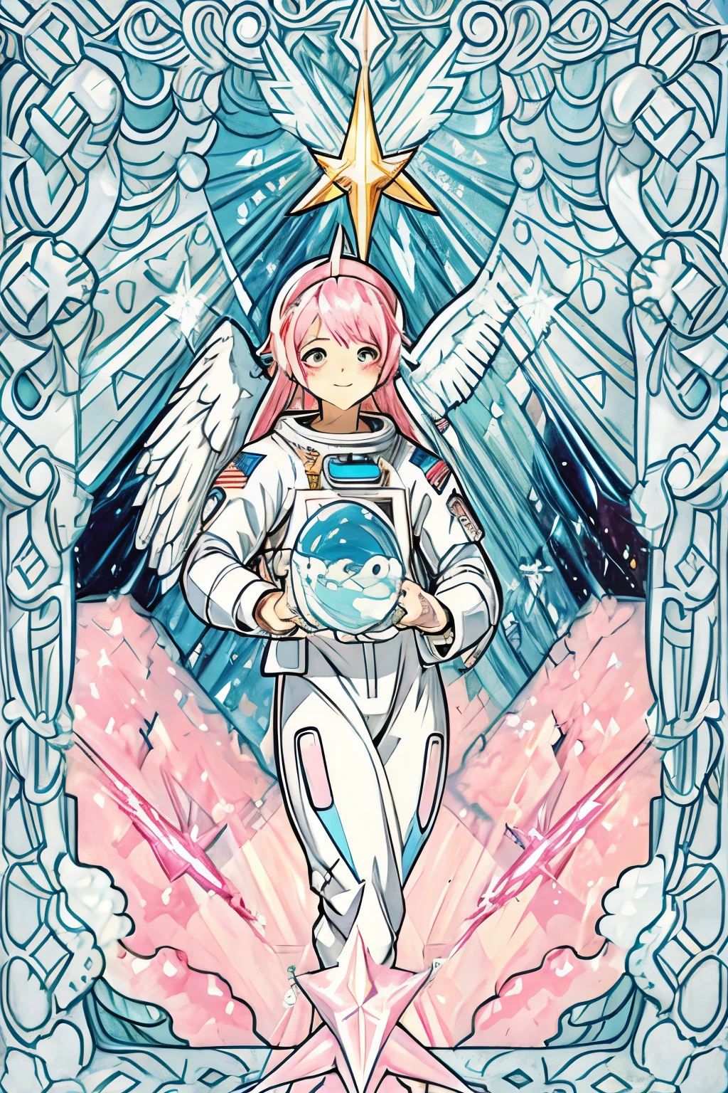 Astronaut star deity, high contrast pastel pink and pastel light blue, stylized astronaut suit, and a halo of angel light 