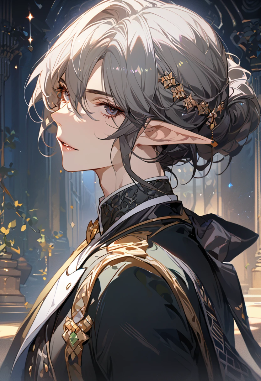 masterpiece, best quality, 8k ,4k , 1 male, elf, long ears elf, dark grayish hair, dark greenish eyes, hair ornament, finely detailed eyes and detailed face, looking at viewer, from side, meticulous clothes, formal clothes, combination of white and black coat, half cape by the shoulders, patterned clothes, majestic looks, sharp looks, shadows, inspired by Asukaziye artist : ask, art style : ask