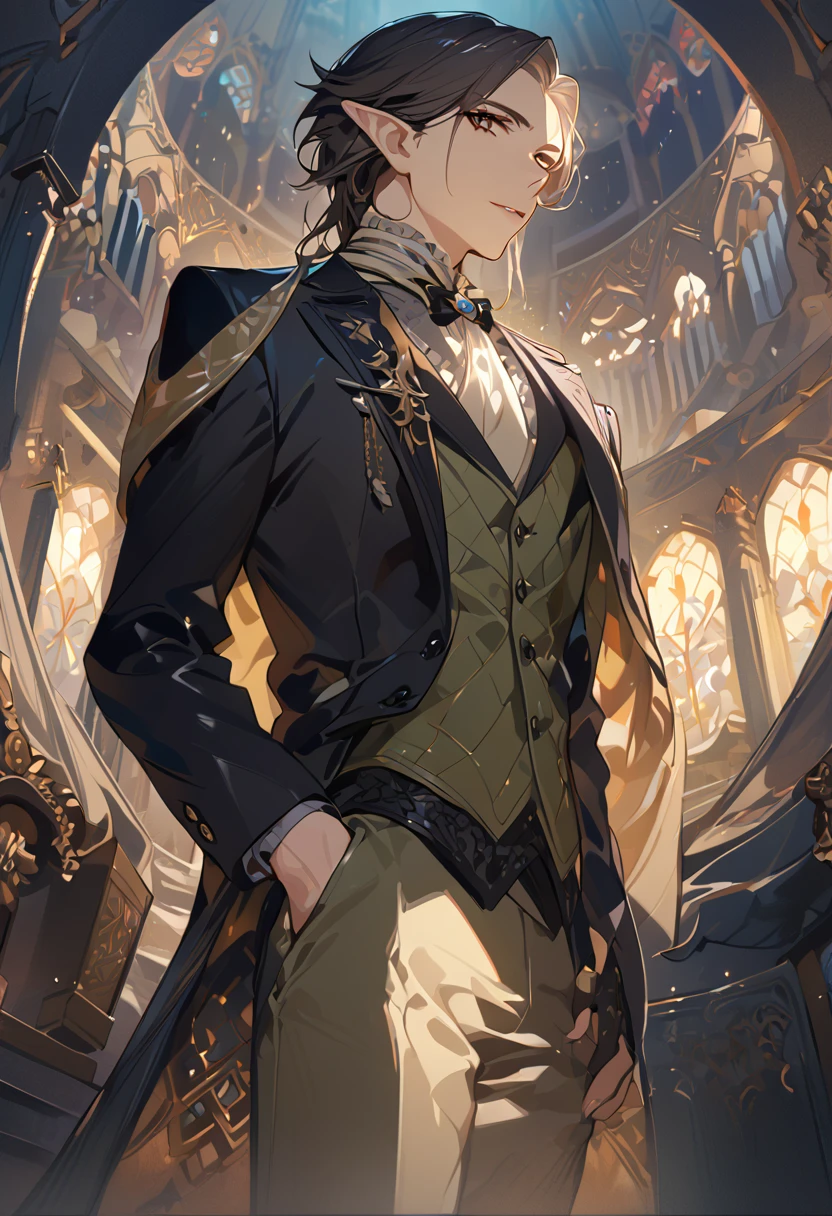 masterpiece, best quality, 8k ,4k , 1 male, elf, long ears elf, dark grayish hair, dark greenish eyes, hair ornament, finely detailed eyes and detailed face, looking at viewer, from side, meticulous clothes, formal clothes, combination of white and black coat, half cape by the shoulders, patterned clothes, majestic looks, sharp looks, shadows, inspired by Asukaziye artist : ask, art style : ask