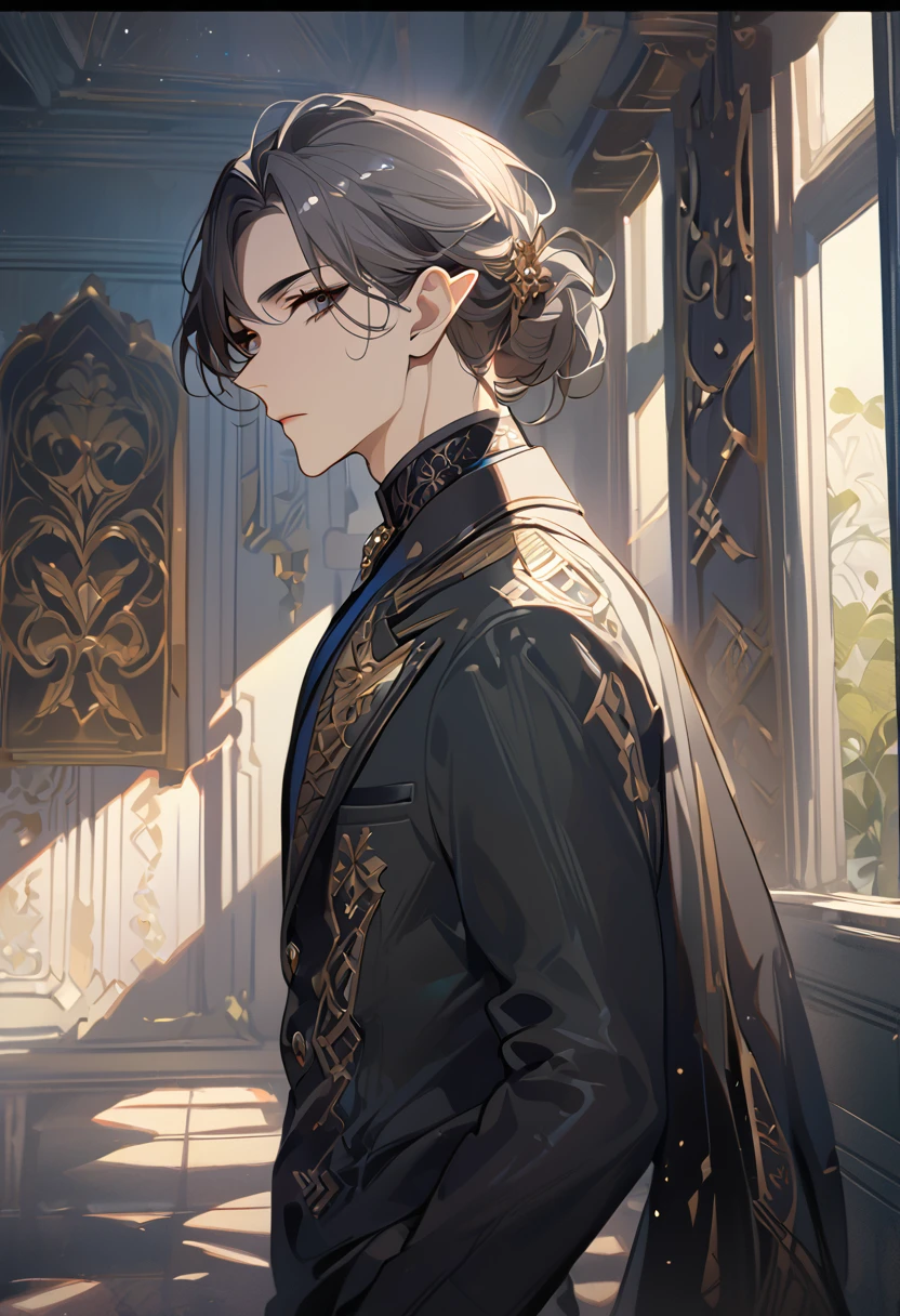 masterpiece, best quality, 8k ,4k , 1 male, elf, long ears elf, dark grayish hair, dark greenish eyes, hair ornament, finely detailed eyes and detailed face, looking at viewer, from side, meticulous clothes, formal clothes, combination of white and black coat, half cape by the shoulders, patterned clothes, majestic looks, sharp looks, shadows, inspired by Asukaziye artist : ask, art style : ask