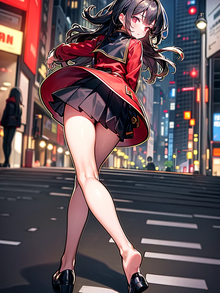High resolution,masterpiece,Highest quality,Very detailed,Browsing Caution,One girl,city, street,Put your arms behind your back, Black Skirt, Red coat, Eye focus,