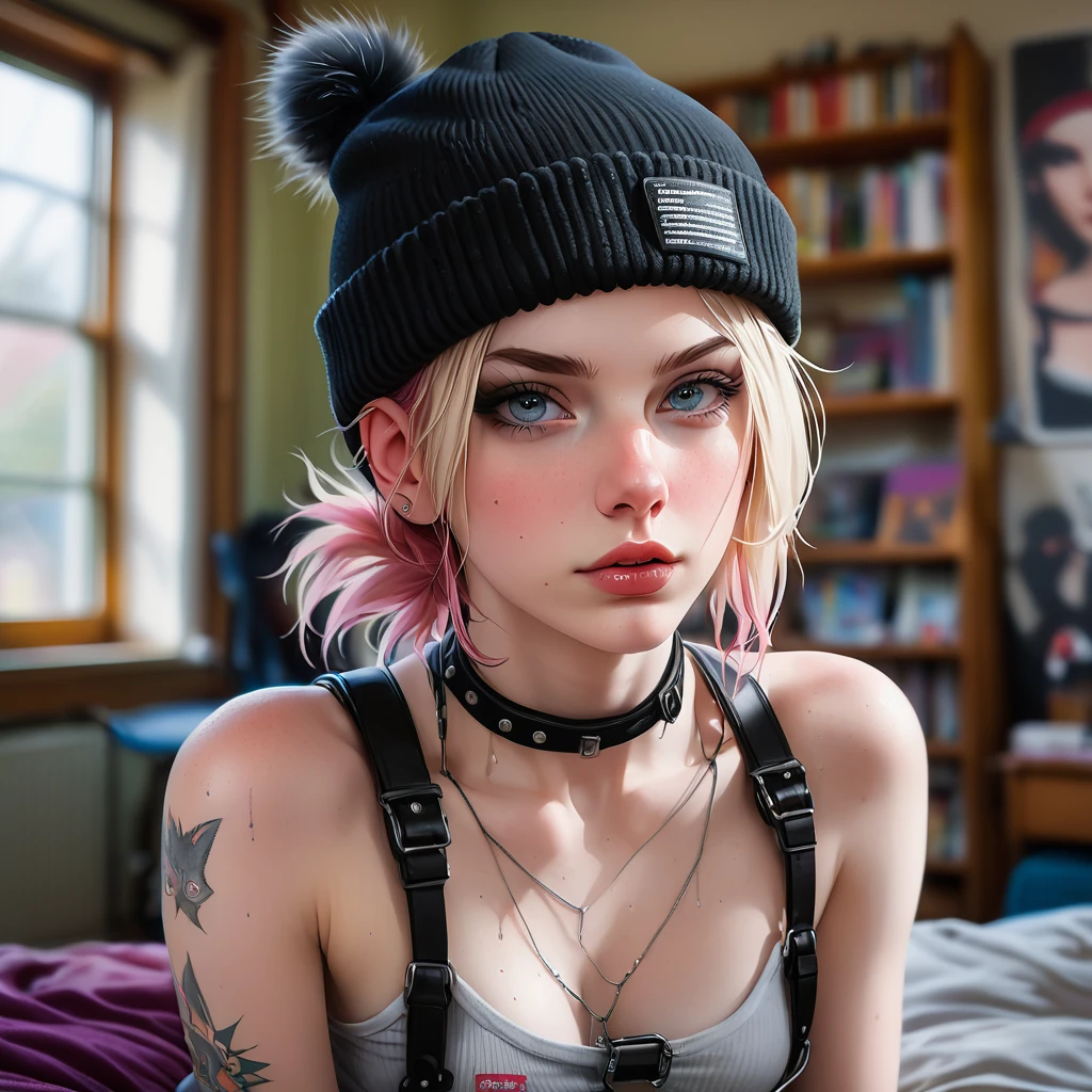 Thorough, analog style, eye focus, highest quality, (highly detailed skin), photo of a exquisitely beautiful pale skin punk Dutch girl, 21yo, (wearing harness, and beanie), perfect face, alluring eyes, [seductive makeup], skin pores, (piercing:0.5), indoor, messy bedroom, (bokeh:0.6), sharp focus, dappled lighting, (backlighting:0.7), film grain, photographed on a Sony A7R IV, 18mm F/1.7 cine lens, (highly detailed, intricately detailed), 8k, HDR, seductively posing, front view, (uppper body:0.9)