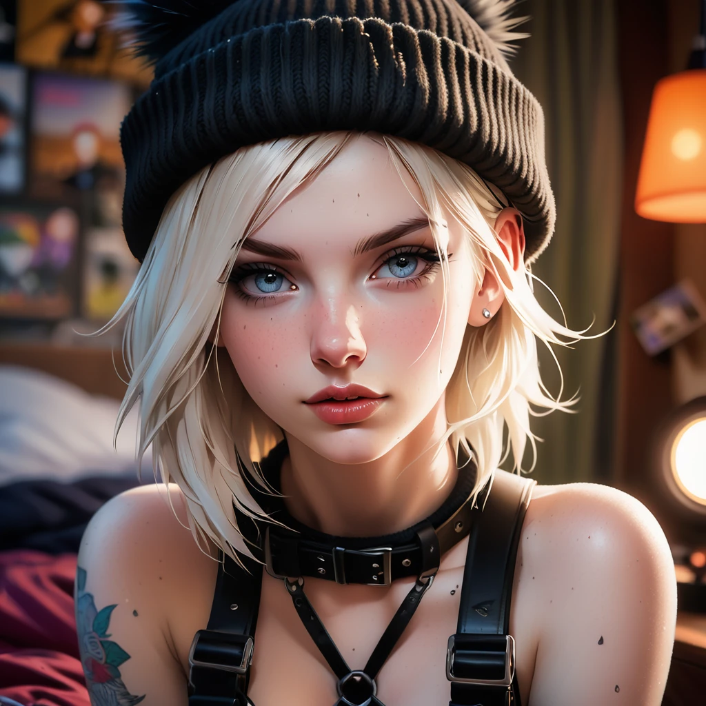 Thorough, analog style, eye focus, highest quality, (highly detailed skin), photo of a exquisitely beautiful pale skin punk Dutch girl, 21yo, (wearing harness, and beanie), perfect face, alluring eyes, [seductive makeup], skin pores, (piercing:0.5), indoor, messy bedroom, (bokeh:0.6), sharp focus, dappled lighting, (backlighting:0.7), film grain, photographed on a Sony A7R IV, 18mm F/1.7 cine lens, (highly detailed, intricately detailed), 8k, HDR, seductively posing, front view, (uppper body:0.9)