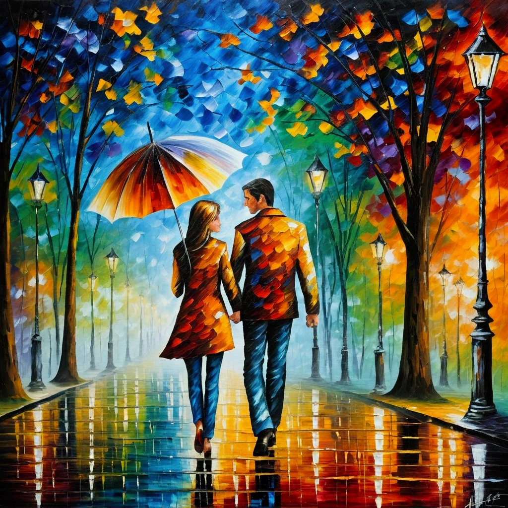 A couple walking in the rain with an umbrella, Afremov, Romantic painting, Afremov leonid, inspired レオニード・Afremov, style of leonid Afremov”, style of leonid Afremov, レオニード・Afremov, Covered in oil paintings, leonid Afremov and tim white, Painted with a palette knife. return, return socket
