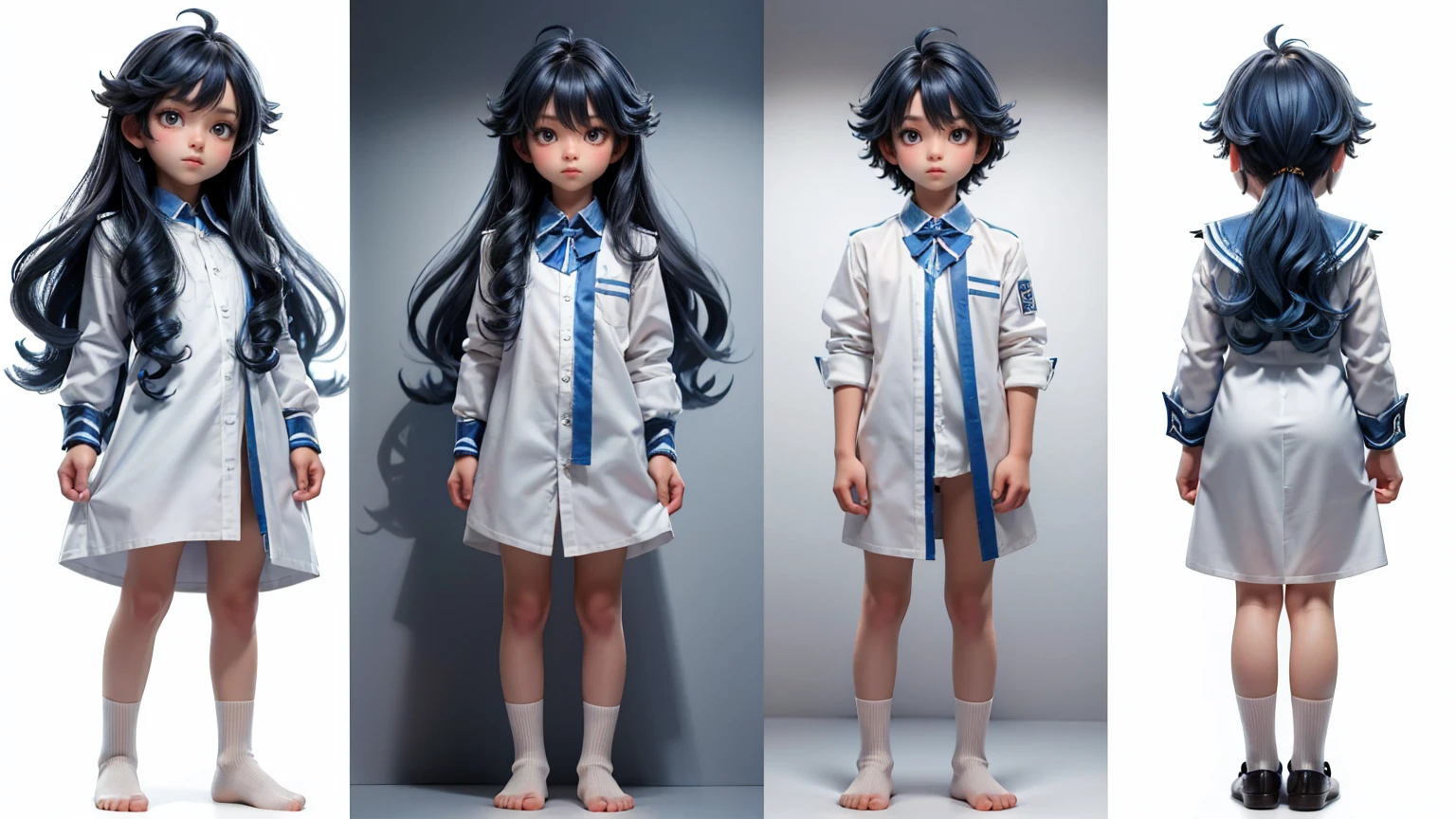 cute boy beautiful cute boy, full body standing pose, boy student, blue curly hair, wearing white pent and shirt dress, white background, simple white background, character sheet
