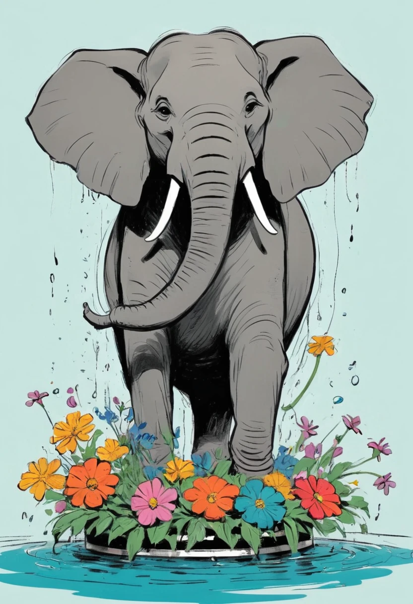 (((American comic style,Exaggerated digital sketch:1.37))).(1The elephant waters the flowers with his trunk,(Exaggerated table),(Black sketch lines,Loose brushstrokes create the outline,Cartoon Style. Bright colors and simplified lines, sketch)。(Large area of blank)