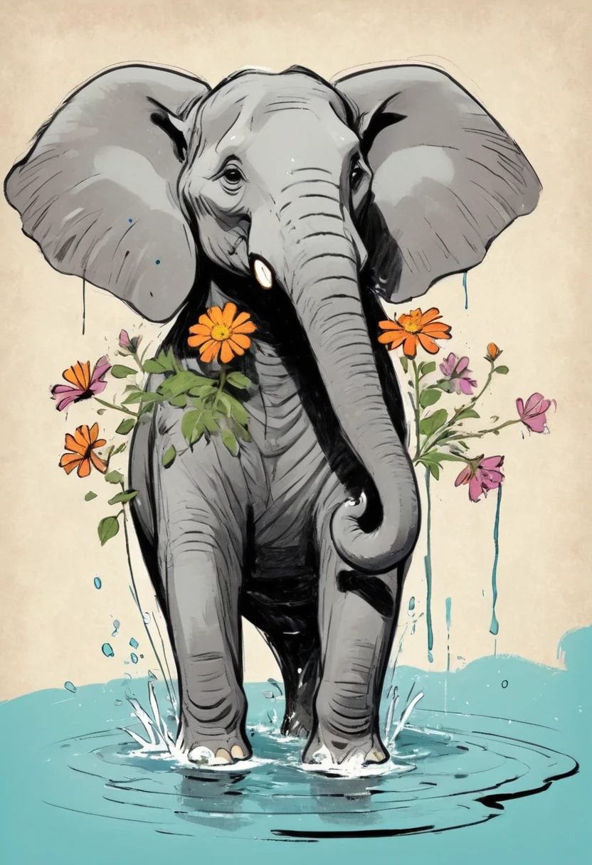 (((American comic style,Exaggerated digital sketch:1.37))).(1The elephant waters the flowers with his trunk,(Exaggerated table),(Black sketch lines,Loose brushstrokes create the outline,Cartoon Style. Bright colors and simplified lines, sketch)。(Large area of blank)