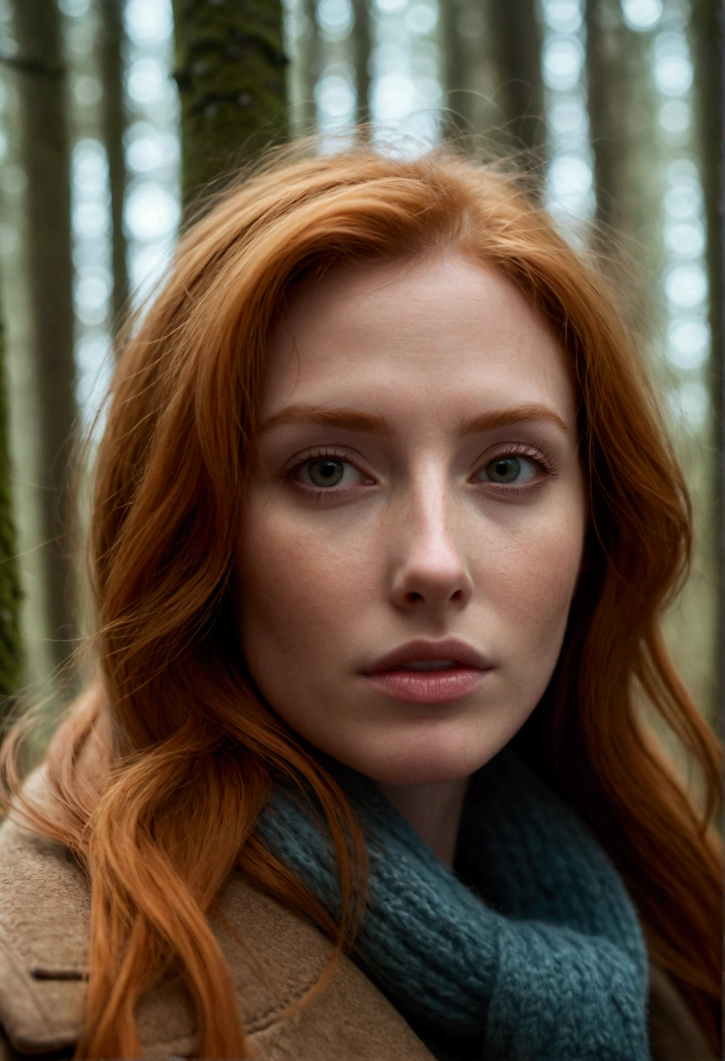 close up of a european woman, ginger hair, winter forest, natural skin texture, 24mm, 4k textures, soft cinematic light, RAW photo, photorealism, photorealistic, intricate, elegant, highly detailed, sharp focus, ((((cinematic look)))), soothing tones, insane details, intricate details, hyperdetailed, low contrast, soft cinematic light, dim colors, exposure blend, hdr, faded