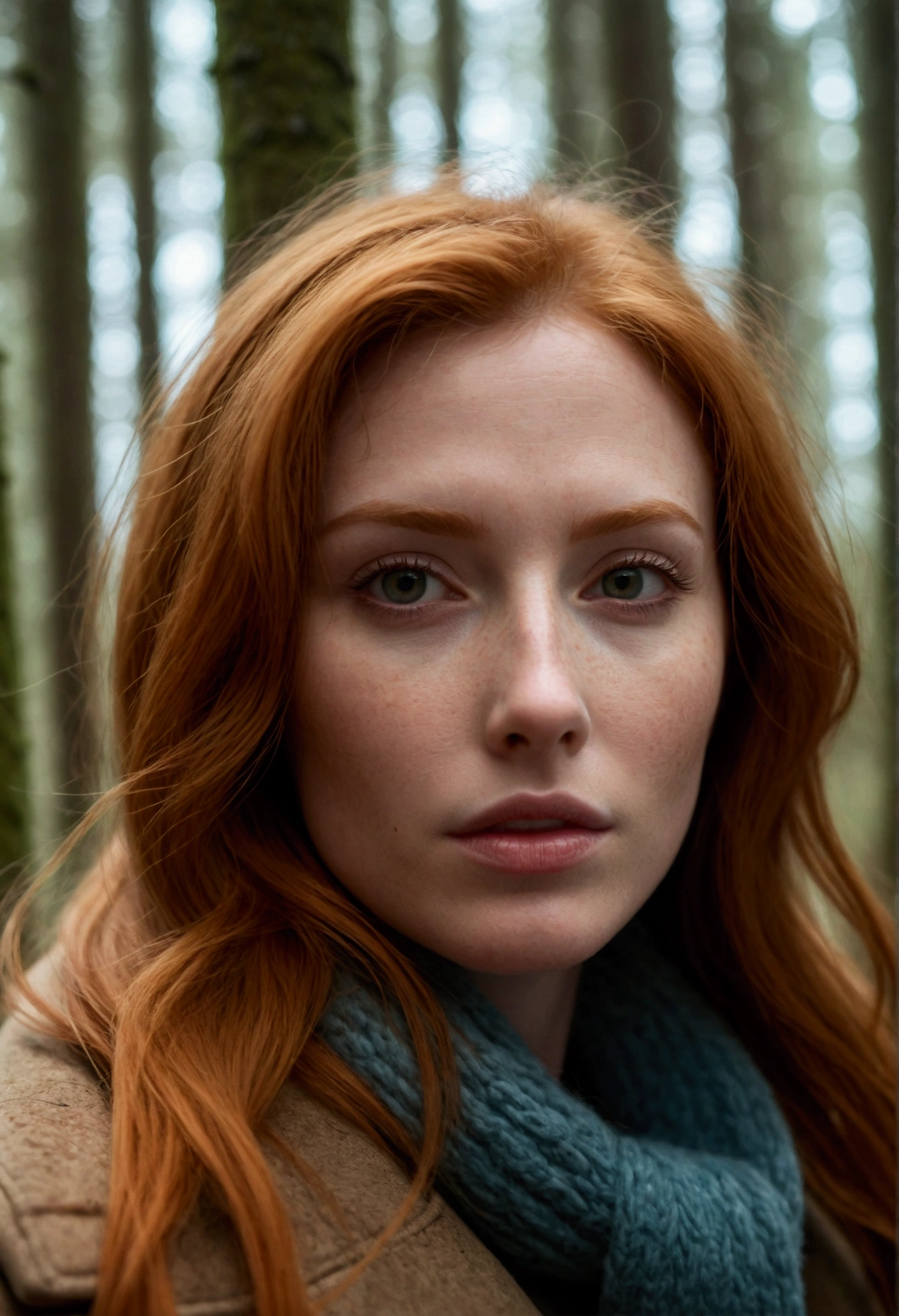 close up of a european woman, ginger hair, winter forest, natural skin texture, 24mm, 4k textures, soft cinematic light, RAW photo, photorealism, photorealistic, intricate, elegant, highly detailed, sharp focus, ((((cinematic look)))), soothing tones, insane details, intricate details, hyperdetailed, low contrast, soft cinematic light, dim colors, exposure blend, hdr, faded