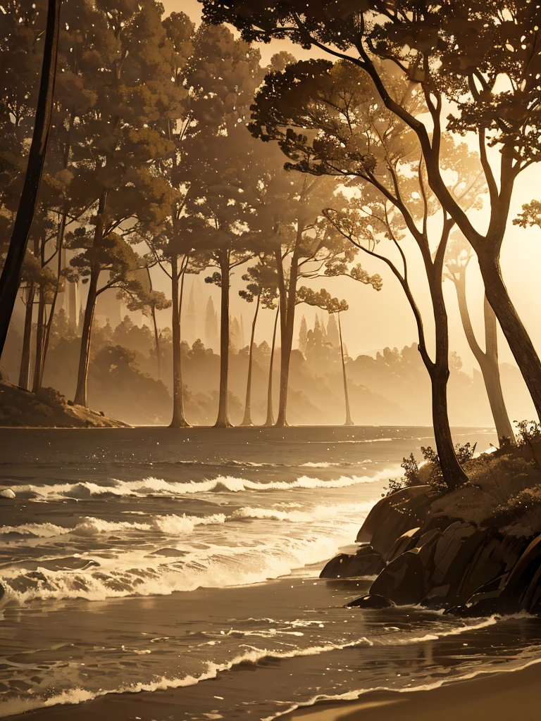 Beach landscape, trees, sepia tone, dramatic light, beautiful night