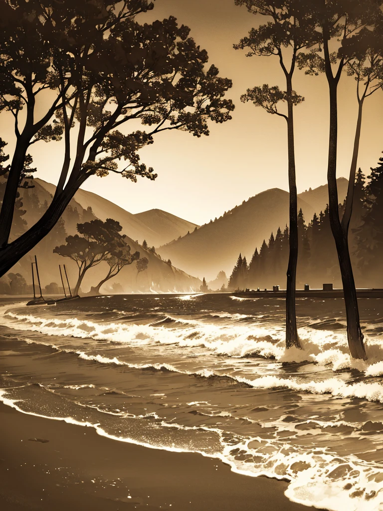 Beach landscape, trees, sepia tone, dramatic light, beautiful night