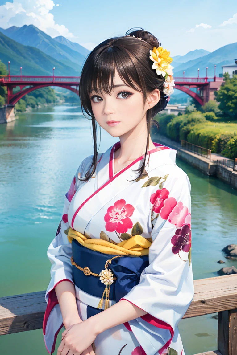 (Highest quality、 8k 、masterpiece、High resolution)、(whole body)、Vibrant colors、Brown-black bob、Traditional round topknot、Ample breasts、(Highly detailed face and eyes、Beautiful Face、Beautiful Eyes、Beautiful nose、Pretty lips)、 (Beautiful woman standing on a riverside observation deck)、(A friendly gaze)、(Oh!！Facial expression that)、(Vivid floral patterned kimono)、Official Art、  The background is a wide river、Nearby bridge、Riverside streetscape、Mountains in the distance、Detailed CG、