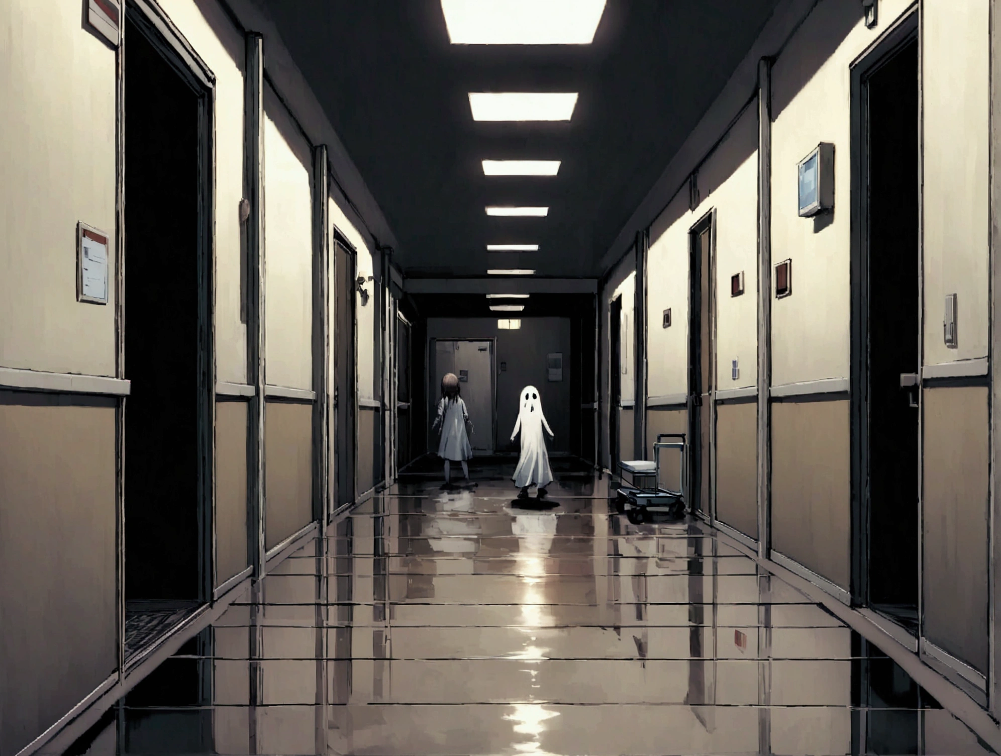 Create an image of the ghost of a  with clothes drenched in water, standing in a hospital corridor. The child's expression is dark and sinister, adding to the eerie atmosphere. The corridor is dimly lit, with flickering lights casting ominous shadows along the walls. The child's presence is haunting, with water pooling around their feet on the floor. The background includes typical hospital corridor elements like doors, medical carts, and signs, enhancing the unsettling and creepy mood reminiscent of a horror movie