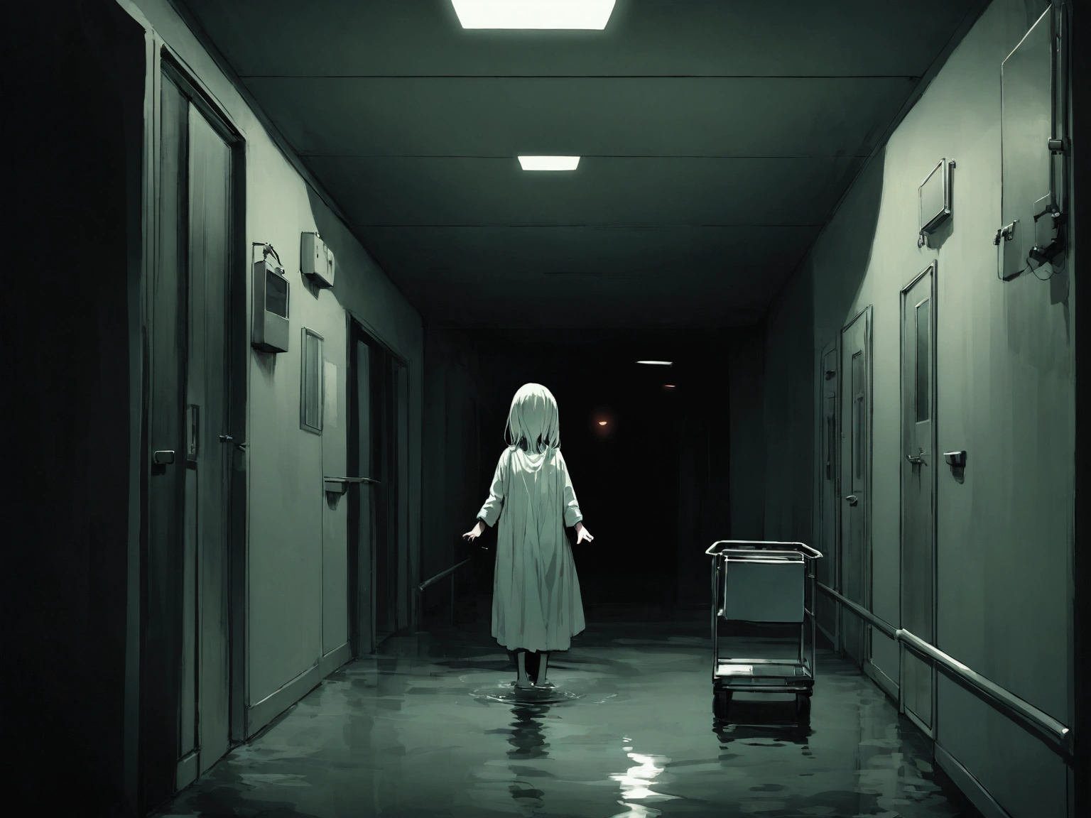 Create an image of the ghost of a with clothes drenched in water, standing in a hospital corridor. The child's expression is dark and sinister, adding to the eerie atmosphere. The corridor is dimly lit, with flickering lights casting ominous shadows along the walls. The child's presence is haunting, with water pooling around their feet on the floor. The background includes typical hospital corridor elements like doors, medical carts, and signs, enhancing the unsettling and creepy mood reminiscent of a horror movie