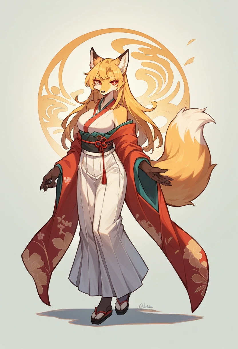 (full body),Fox woman, Furry, Golden fur, Golden facial fur, long golden hair, The hair on his hands is golden, Golden yellow hair on the back of the hand, Palm fur, Light-filled eyes, Red eyes, Brown elements of fur, kimono, Hakama,Beautiful light and shadow, Zhou Xianguang&#39;s ultra-fine fur, Fluffy tail,Flat Chest,