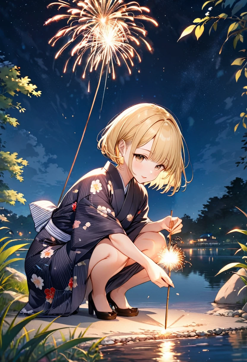 Create a scene featuring a cute girl with a blonde bob haircut enjoying senko hanabi (Japanese sparklers) while wearing a beautiful yukata with a traditional pattern. She is squatting down and holding the sparkler correctly: she grips the stick at the very top, and the burning end is pointed directly downward toward the ground. Emphasize that the flames and sparks are clearly falling downward to the ground. Her hand holding the sparkler should be shown clearly, with the sparkler pointing directly to the ground. The setting is a tranquil summer evening outdoors, with the soft glow of the sparklers illuminating her joyful and serene expression. The background includes elements like a traditional Japanese garden or a quiet riverside, under a starry night sky. Capture the peaceful and reflective mood of a summer night, emphasizing the quiet beauty and fleeting nature of the sparklers