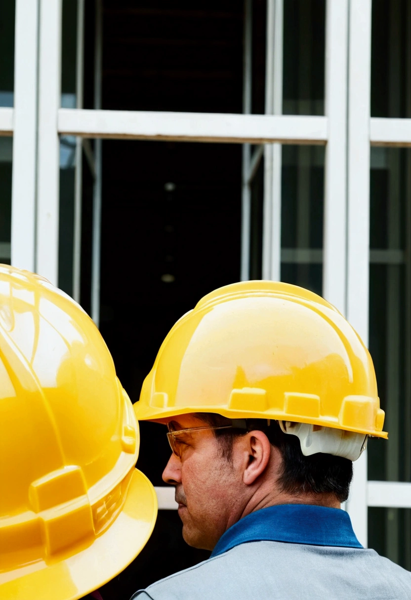 there are two men wearing hard hats standing next to each other, yellow hardhat, yellow helmet, construction, hard hat, workers, helmet view, people at work, interesting background, description, man, edited, proffesional, maintenance, safe for work, very professional, pictured from the shoulders up, professional work, closeup photograph, superior look, on a dark background