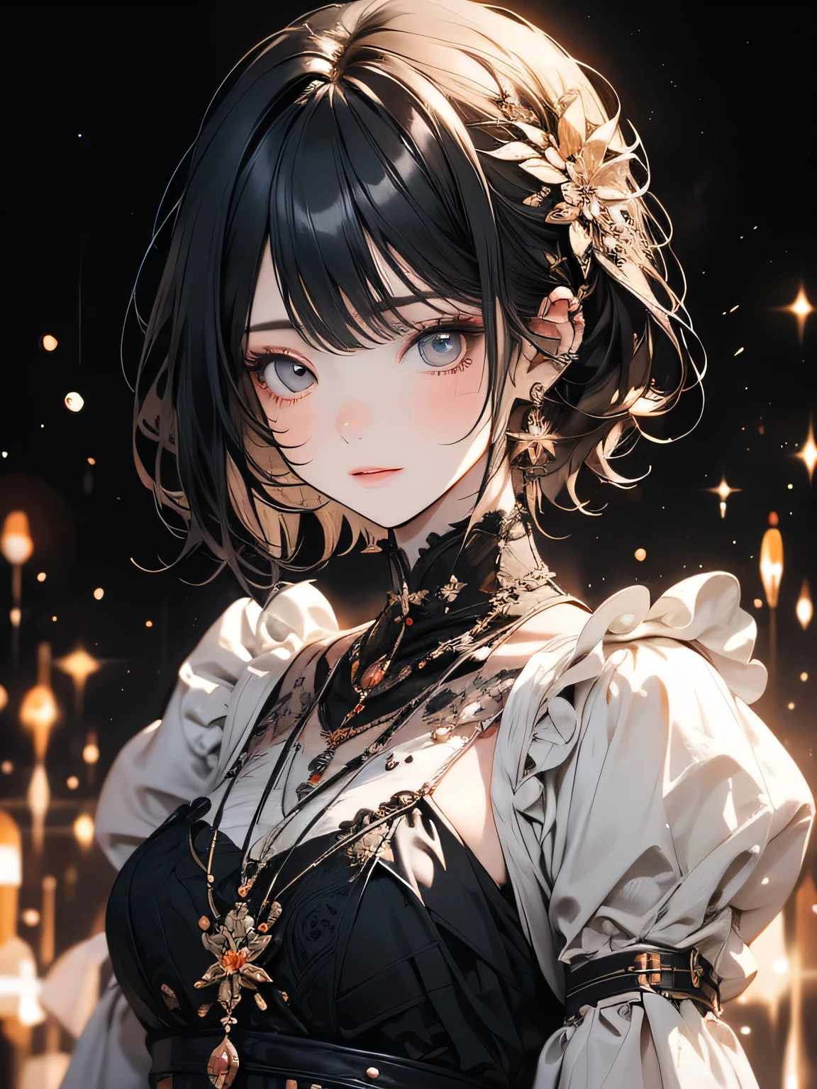 {masterpiece},{Highest quality},{One girl}, cute, wonderful, Beautiful attention to detail, Iris, short hair, Black Hair,In detail,Depth of written boundary,Highly detailed CG,original, Highly detailed wallpaper,Upper Body, View your viewers