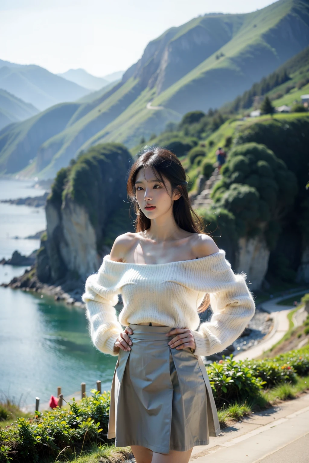Oriental girl in white shirt and blue skirt,Plump breasts,Clear cleavage、Enjoy the graceful,Long fluttering hair,Hands on hips,Yin Tao small mouth,Standing calmly on the cliff。She turned sideways and looked into the distance,Feel the cool breeze from the mountains。Surrounded by mountain streams,In the distance is the golden beach and the rough sea,Tourists huddled together on the beach,Enjoy the beauty of nature。The sky meets the sea,It forms a beautiful scenery,On the shore, you can see the outline of the current city.(masterpiece,Top quality)(Simple),Masterpieces,Professional artwork,Famous Artworks,lifelike,Photo lifelike:1.37,HDR,uhd.8k超lifelike8kcg,8k、32K、HD)((best quality)), ((masterpiece)), (detailed), 1 Girl, Off-shoulder sweater,