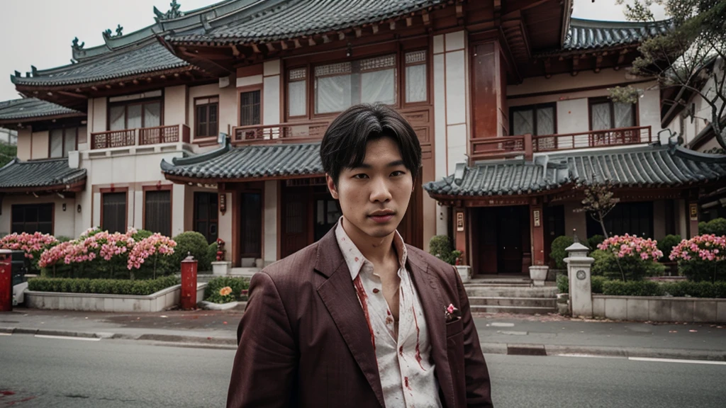 a man korean in front of a mansion full of blood. There are flowers and money around her.