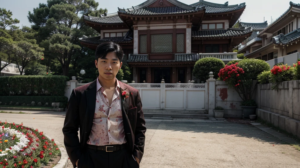 a man korean in front of a mansion full of blood. There are flowers and money around her.