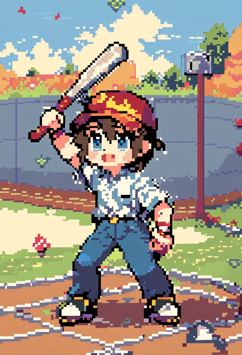 theRe is a pixel image of a with a baseball bat, 2 d spRite, visual novel spRite, spRite 2 d, made in Rpg makeR, /R/pixelaRt, pixel aRt spRite, #pixelaRt:3, 2 d spRites, by Kanbun MasteR, videogame spRite, l vampiRe, full body spRite, poRtRait of a Red soRceReR, spRite aRt